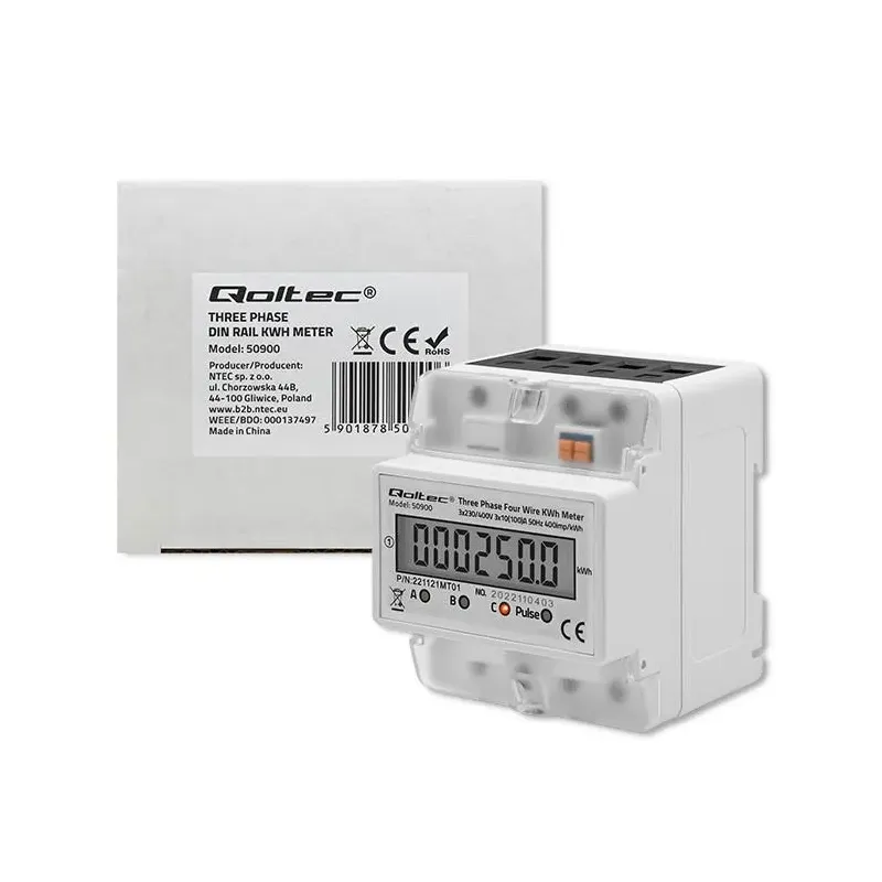 Miernik zużycia energii Qoltec na szynę DIN | trójfazowy elektroniczny