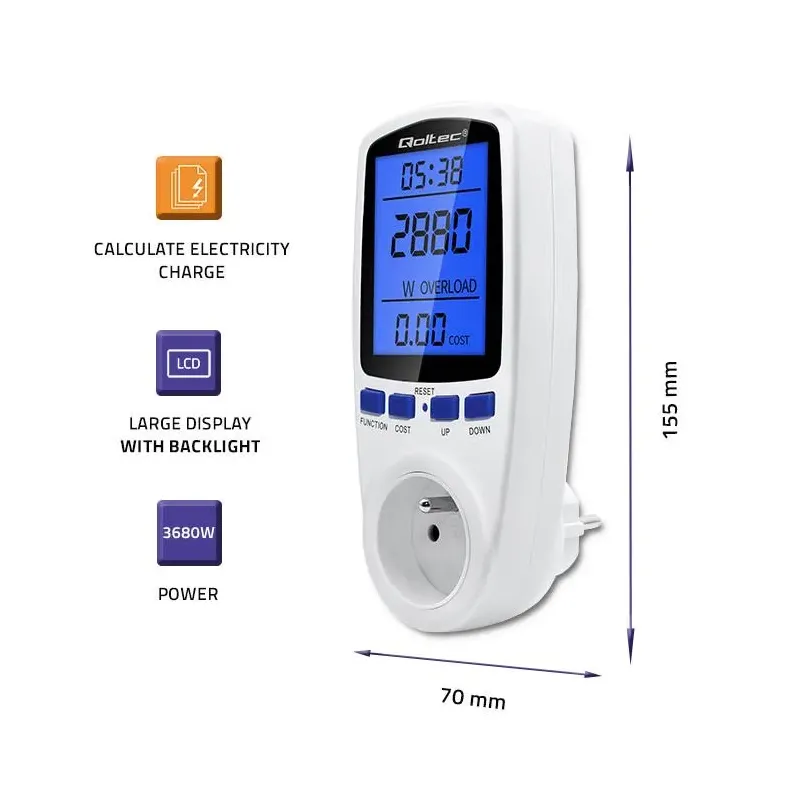 Watomierz Qoltec Licznik zużycia energii PM0626 | 3680W | 16A | LCD