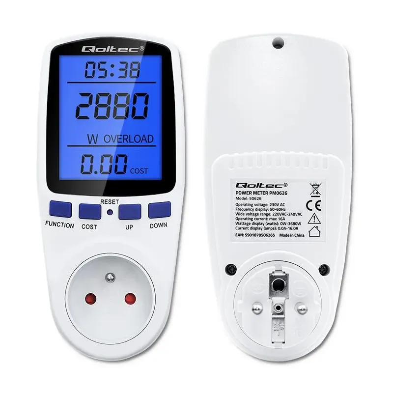 Watomierz Qoltec Licznik zużycia energii PM0626 | 3680W | 16A | LCD