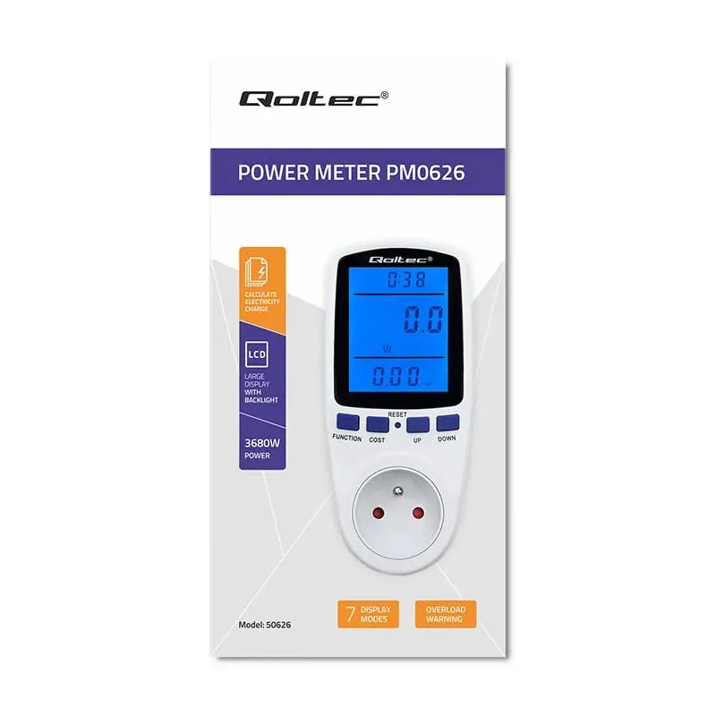 Watomierz Qoltec Licznik zużycia energii PM0626 | 3680W | 16A | LCD