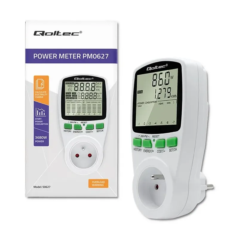 Watomierz Qoltec Licznik zużycia energii PM0627 z historią pomiaru | 3680W