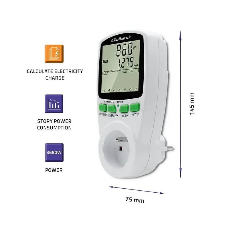 Watomierz Qoltec Licznik zużycia energii PM0627 z historią pomiaru | 3680W