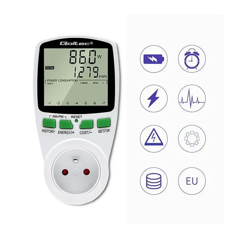 Watomierz Qoltec Licznik zużycia energii PM0627 z historią pomiaru | 3680W