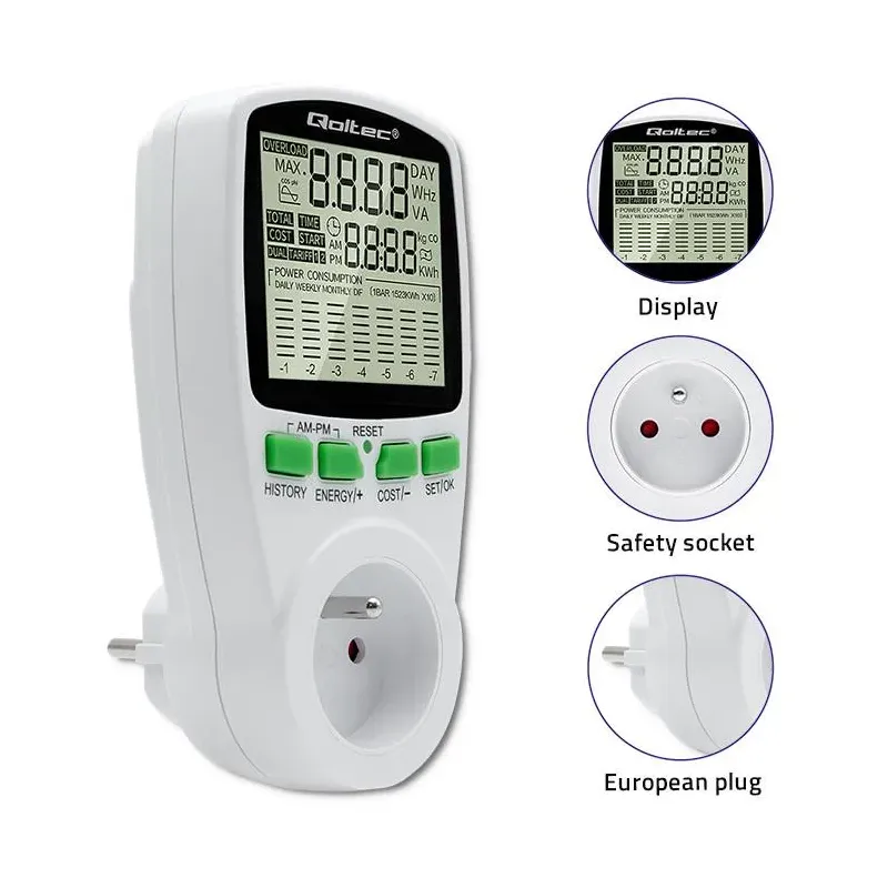 Watomierz Qoltec Licznik zużycia energii PM0627 z historią pomiaru | 3680W