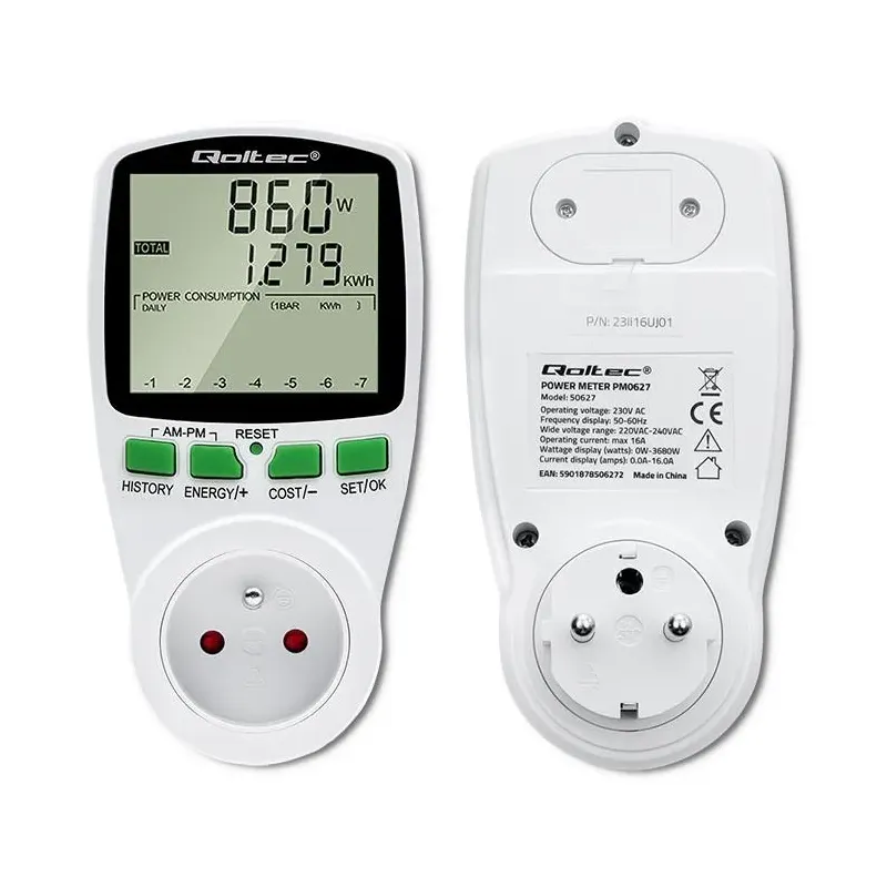 Watomierz Qoltec Licznik zużycia energii PM0627 z historią pomiaru | 3680W