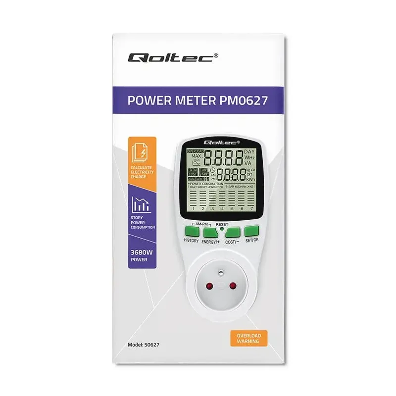 Watomierz Qoltec Licznik zużycia energii PM0627 z historią pomiaru | 3680W