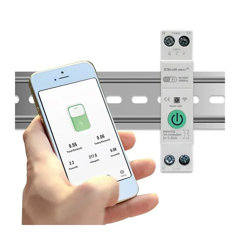 Przekaźnik Wi-Fi Qoltec 63A na szynę DIN z licznikiem energii elektyrcznej