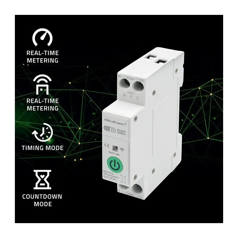Przekaźnik Wi-Fi Qoltec 63A na szynę DIN z licznikiem energii elektyrcznej