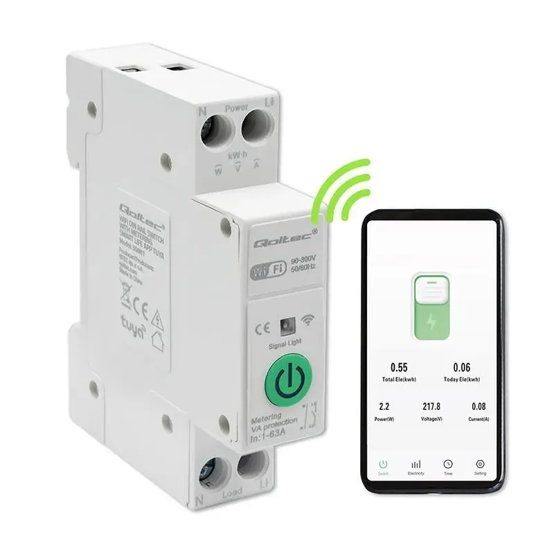 Przekaźnik Wi-Fi Qoltec 63A na szynę DIN z licznikiem energii elektyrcznej