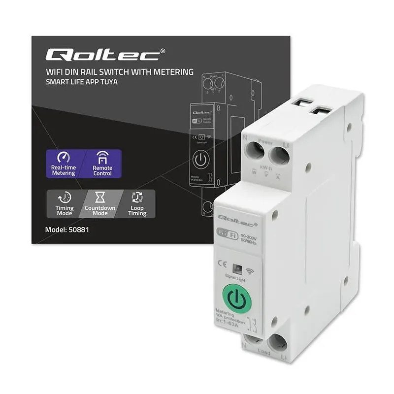Przekaźnik Wi-Fi Qoltec 63A na szynę DIN z licznikiem energii elektyrcznej