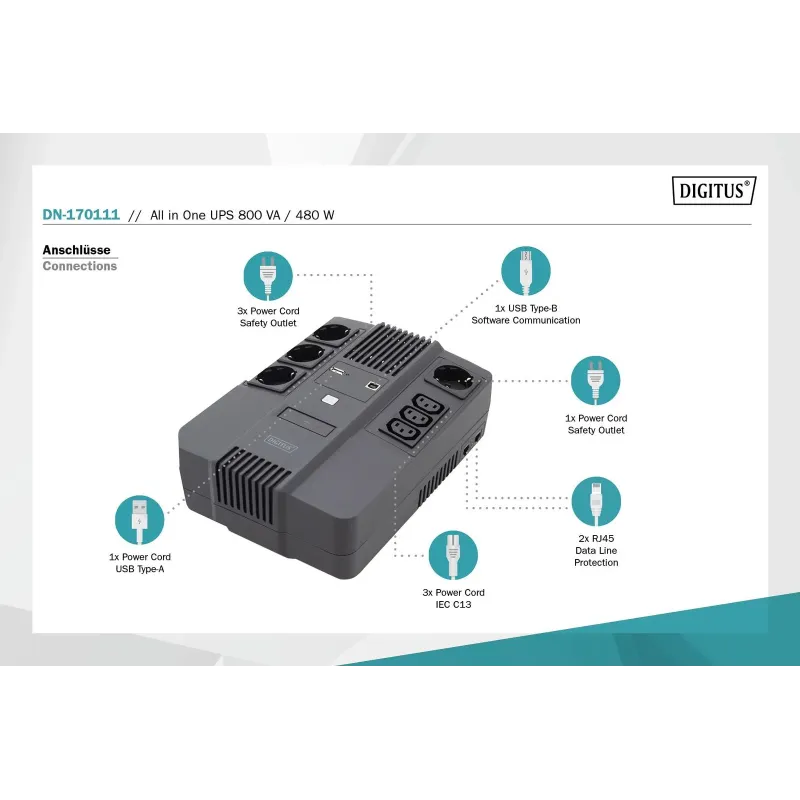 Zasilacz awaryjny UPS DIGITUS Line-Interactive LED DESKTOP 800VA/480W AVR