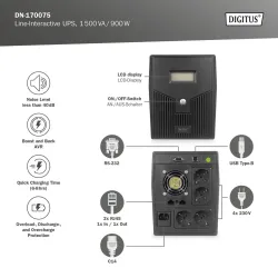 Zasilacz awaryjny UPS DIGITUS Line-Ineractive LCD 1500VA/900W, 2x12V/9Ah,