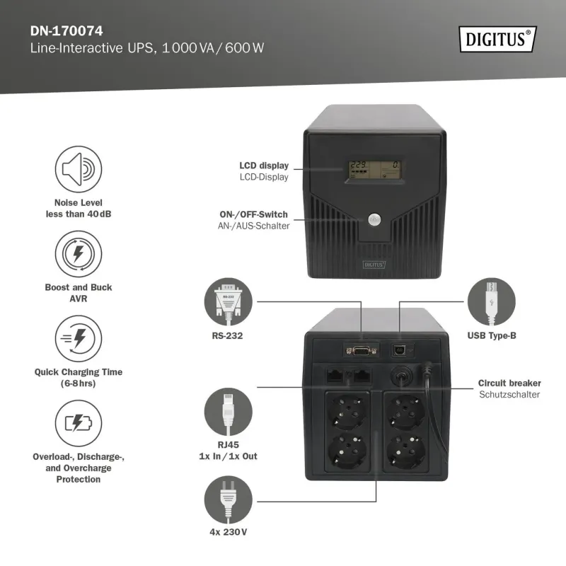 Zasilacz awaryjny UPS DIGITUS Line-Ineractive LCD 1000VA/600W, 2x12V/7Ah,