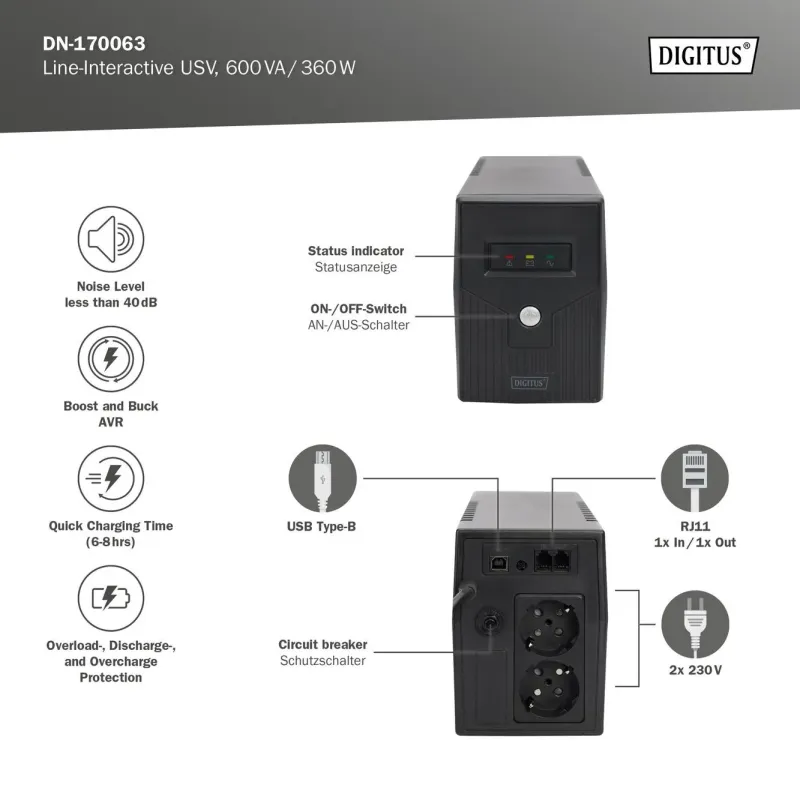 Zasilacz awaryjny UPS DIGITUS Line-Ineractive LED, 600VA/360W, 1x12V/7Ah,