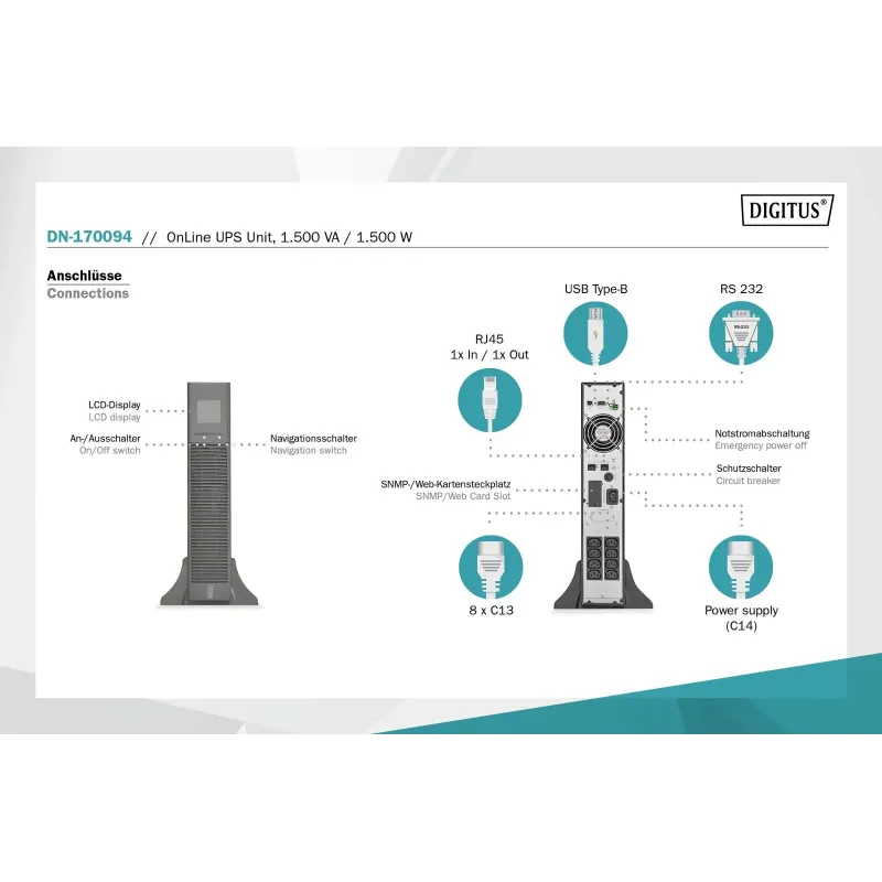Zasilacz awaryjny UPS DIGITUS Online Rack 19" LCD 1500VA/1500W 3x12V/9Ah