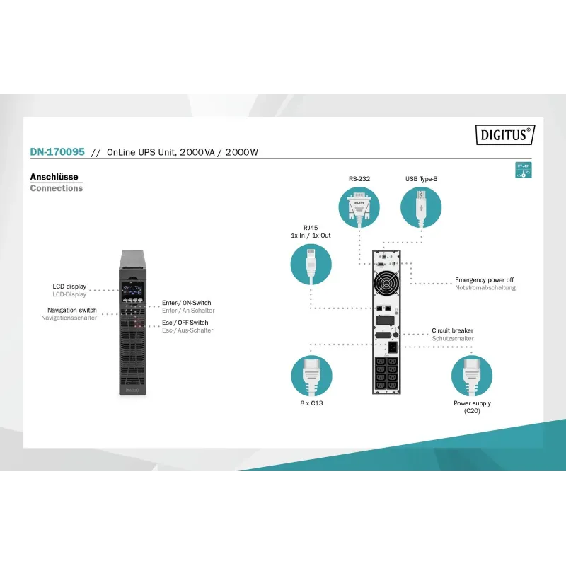 Zasilacz awaryjny UPS DIGITUS Online Rack 19" LCD 2000VA/2000W 4x12V/9Ah