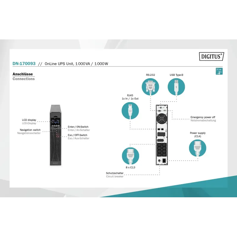 Zasilacz awaryjny UPS DIGITUS Online Rack 19" LCD 1000VA/1000W 2x12V/9Ah