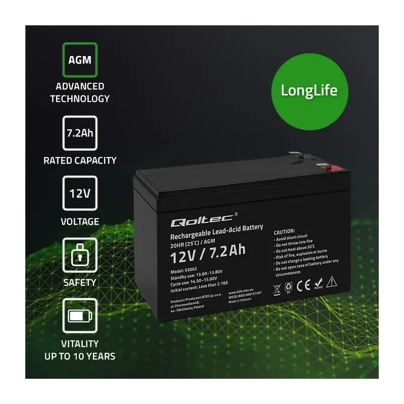 Akumulator AGM Qoltec 12V | 7.2Ah