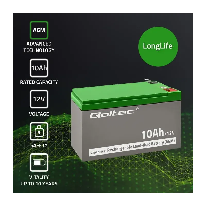 Akumulator AGM Qoltec 12V | 10Ah | Bezobsługowy | do UPS
