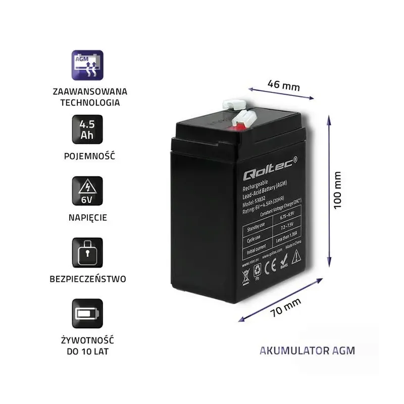 Akumulator AGM Qoltec 6V | 4.5Ah