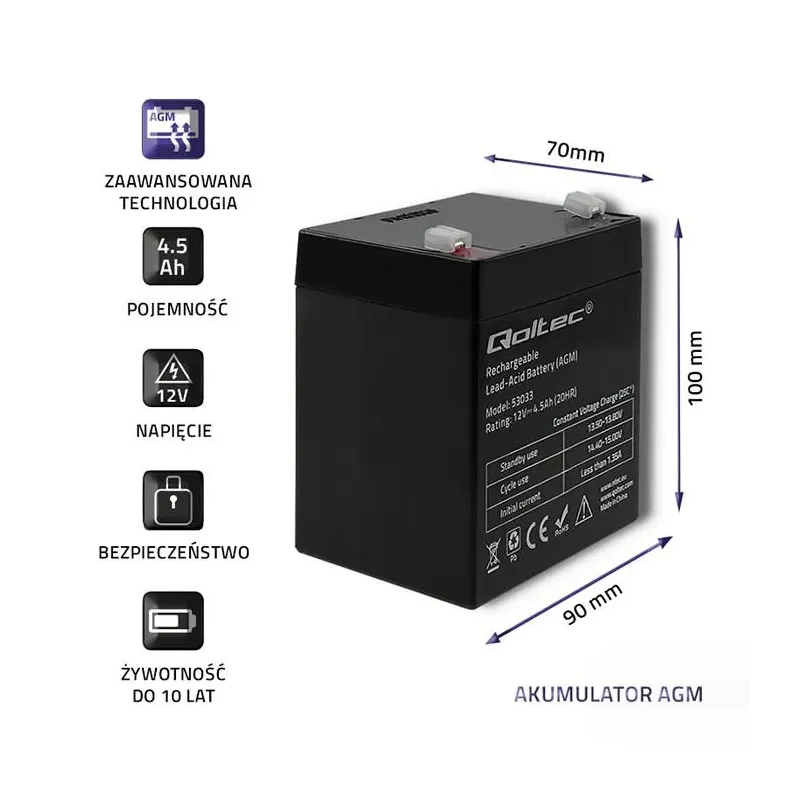 Akumulator AGM Qoltec 12V | 4.5Ah