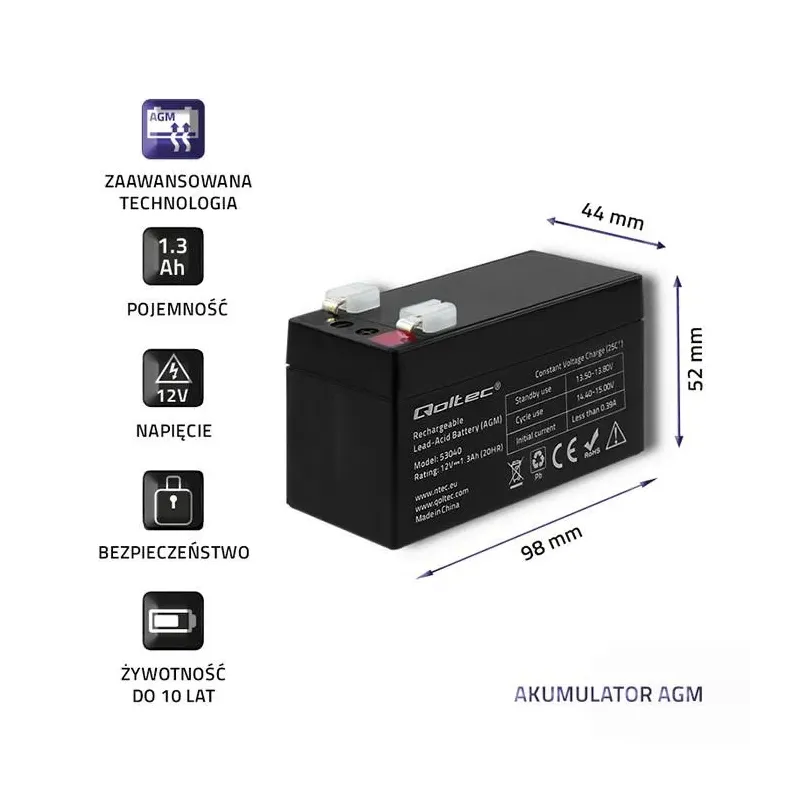 Akumulator AGM Qoltec 12V | 1.3Ah