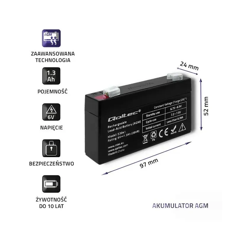 Akumulator AGM Qoltec 6V | 1.3Ah