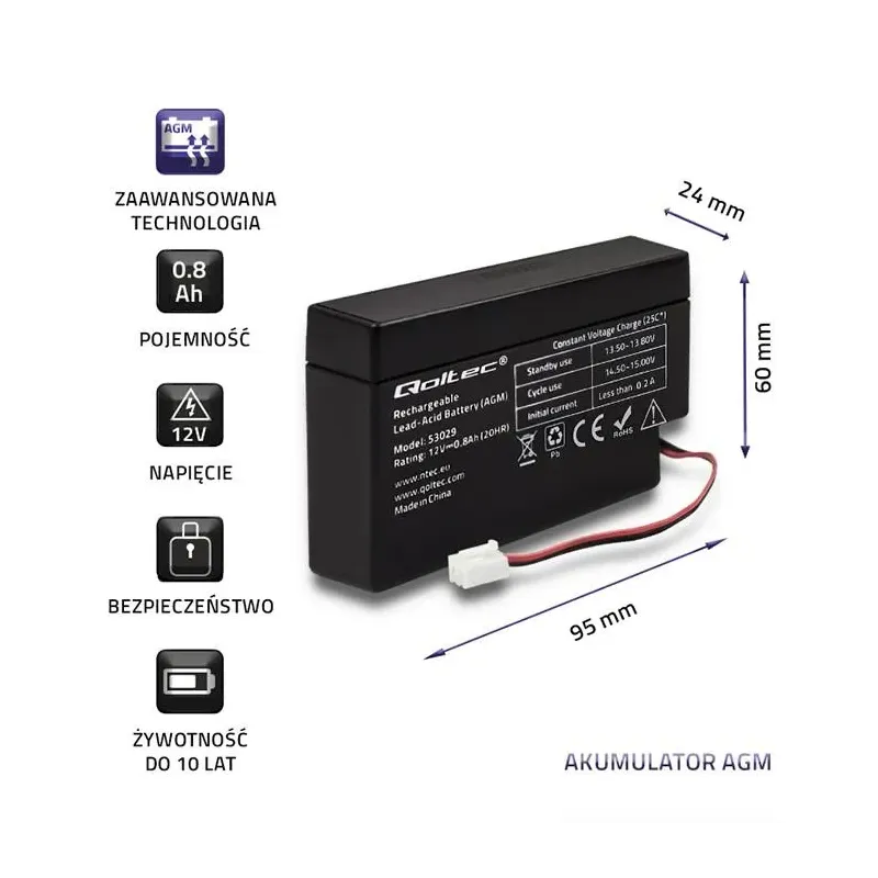 Akumulator AGM Qoltec 12V | 0.8Ah