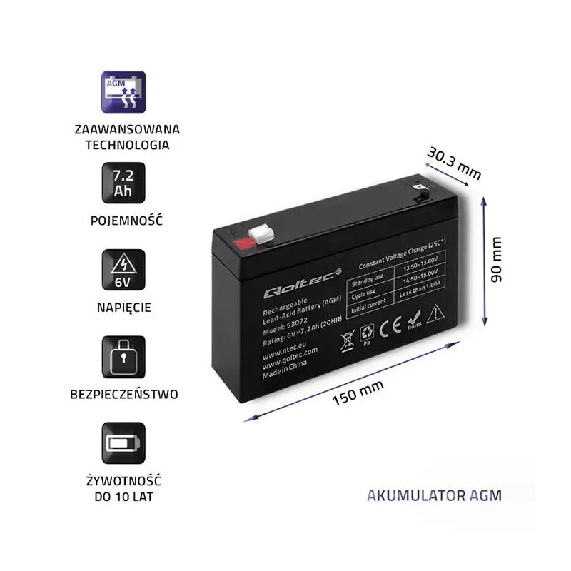 Akumulator AGM Qoltec 6V | 7.2Ah