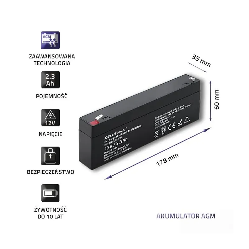 Akumulator AGM Qoltec 12V | 2.3Ah