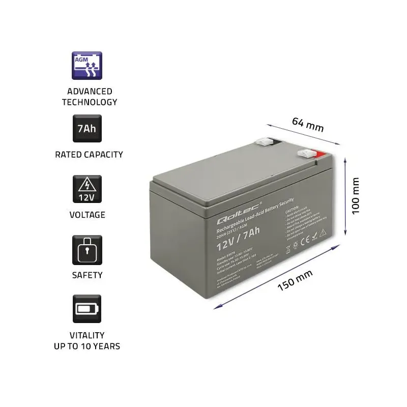 Akumulator AGM Qoltec 12V | 7Ah | Security