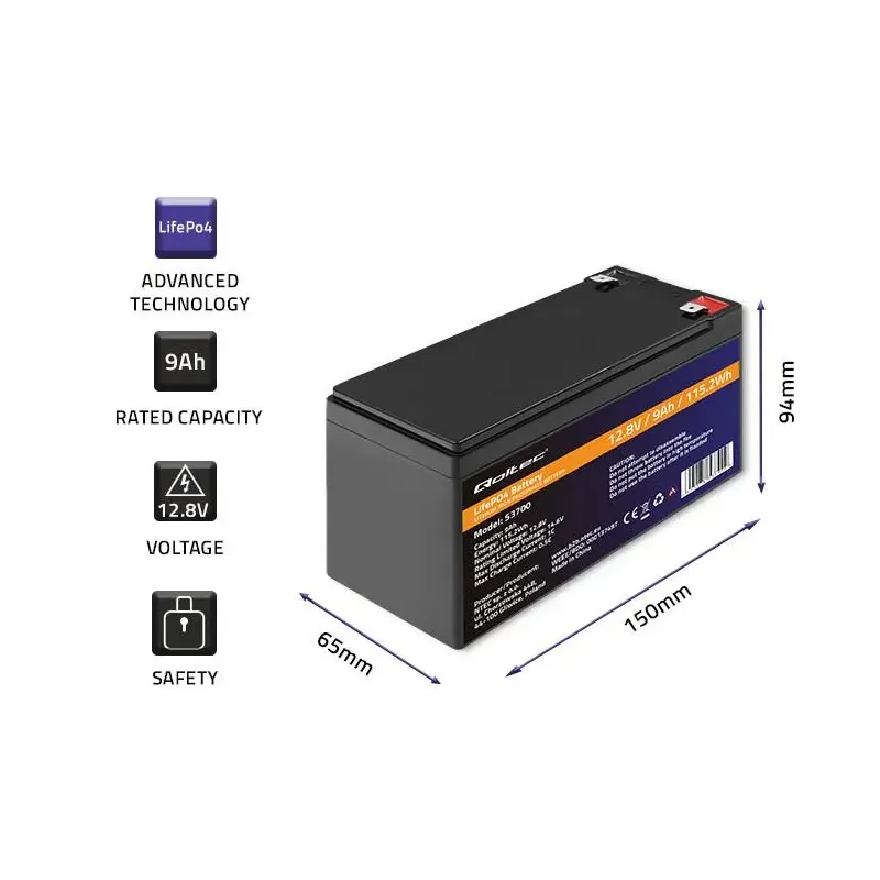 Akumulator LiFePO4 Qoltec Litowo-Żelazowo-Fosforanowy | 12.8V | 9Ah |
