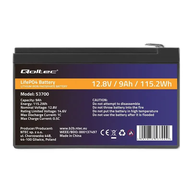 Akumulator LiFePO4 Qoltec Litowo-Żelazowo-Fosforanowy | 12.8V | 9Ah |