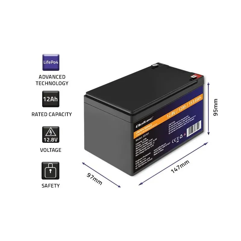 Akumulator LiFePO4 Qoltec Litowo-Żelazowo-Fosforanowy | 12.8V | 12Ah |