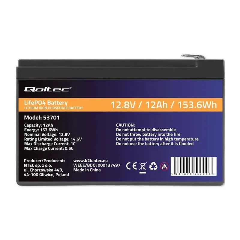 Akumulator LiFePO4 Qoltec Litowo-Żelazowo-Fosforanowy | 12.8V | 12Ah |
