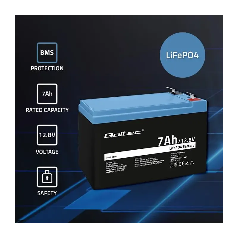 Akumulator LiFePO4 Qoltec Litowo-Żelazowo-Fosforanowy | 12.8V | 7Ah |