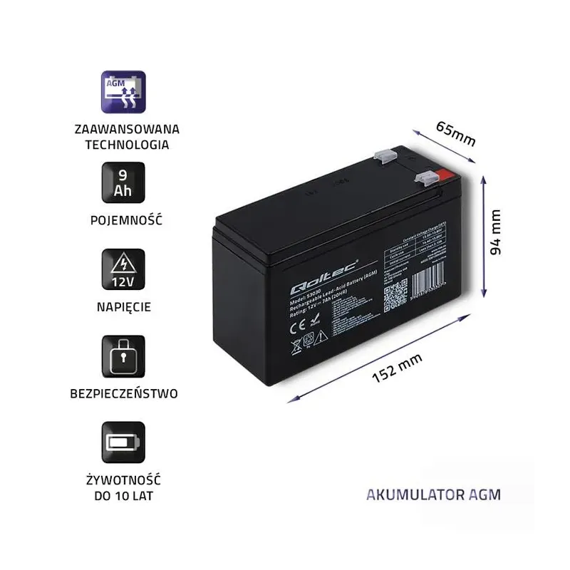 Akumulator AGM Qoltec 12V | 9Ah