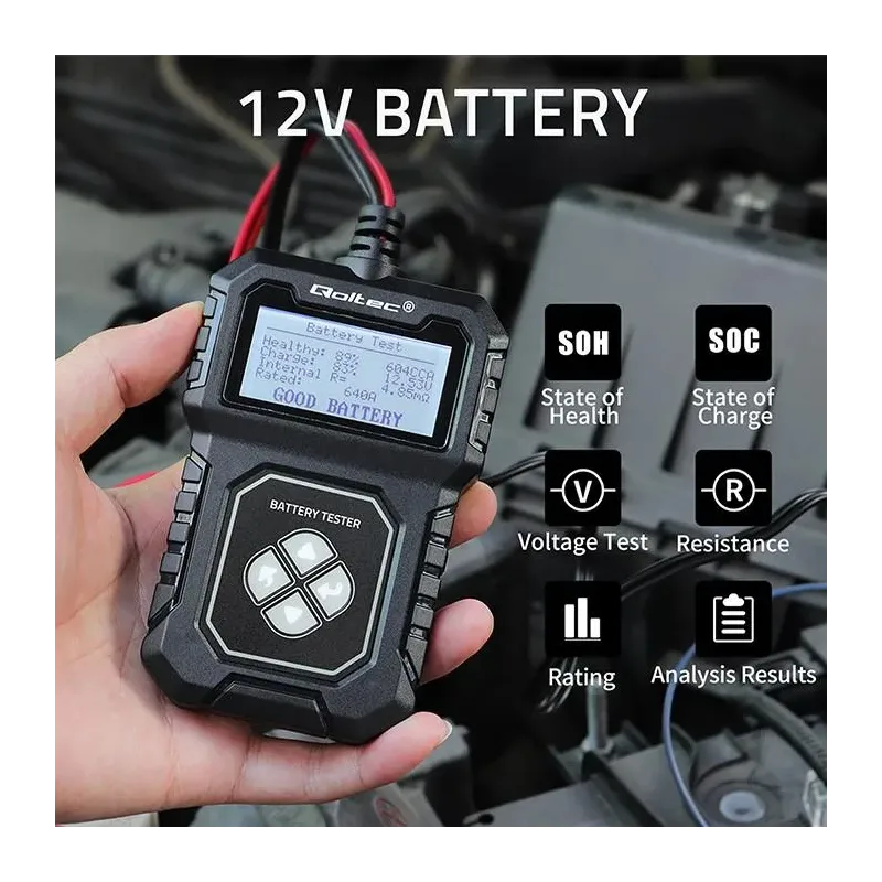 Tester cyfrowy Qoltec akumulatora z LCD | 12V | AGM | GEL | STD | 30-220Ah
