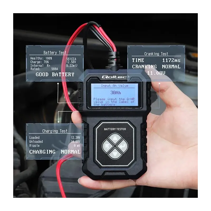 Tester cyfrowy Qoltec akumulatora z LCD | 12V | AGM | GEL | STD | 30-220Ah