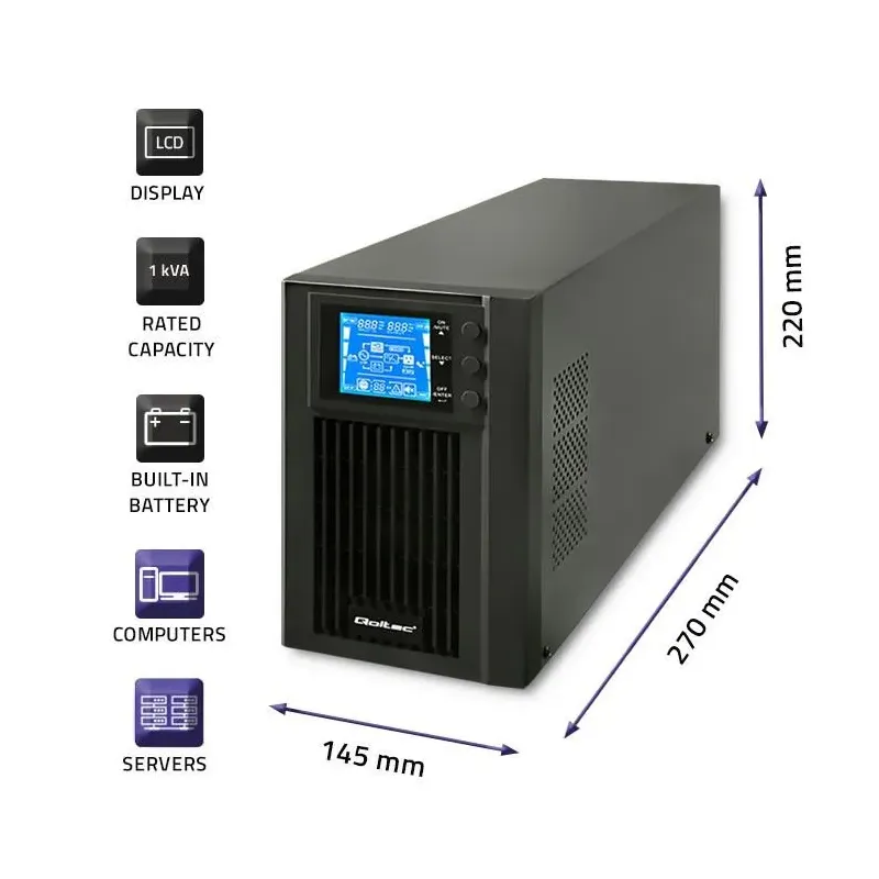Zasilacz awaryjny UPS Qoltec | On-line | Pure Sine Wave | 1kVA | 800W | LCD