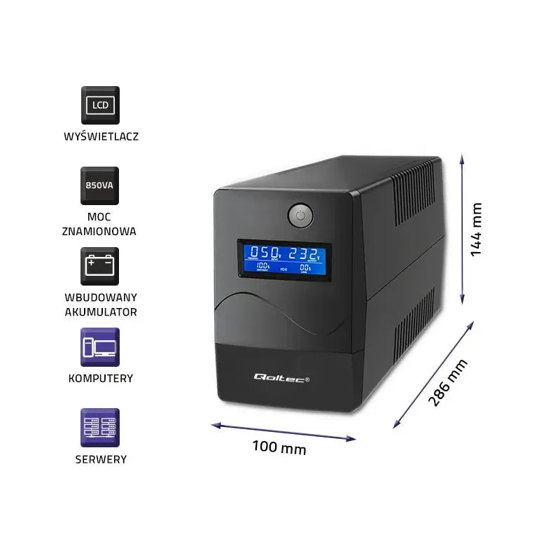 Zasilacz awaryjny UPS Qoltec Monolith | 850VA | 480W | LCD | USB | RJ45