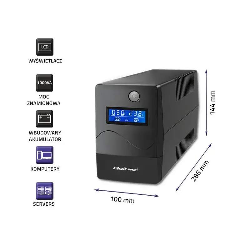 Zasilacz awaryjny UPS Qoltec Monolith | 1000VA | 600W | LCD | USB | RJ45