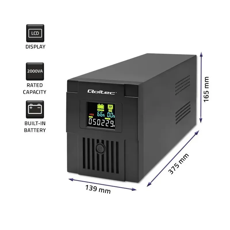 Zasilacz awaryjny UPS Qoltec Monolith | 2000VA | 1200W | LCD | USB