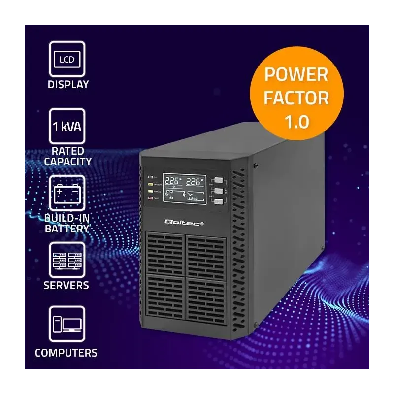 Zasilacz awaryjny UPS Qoltec 1kVA | 1000W | Power Factor 1.0 | LCD | EPO |