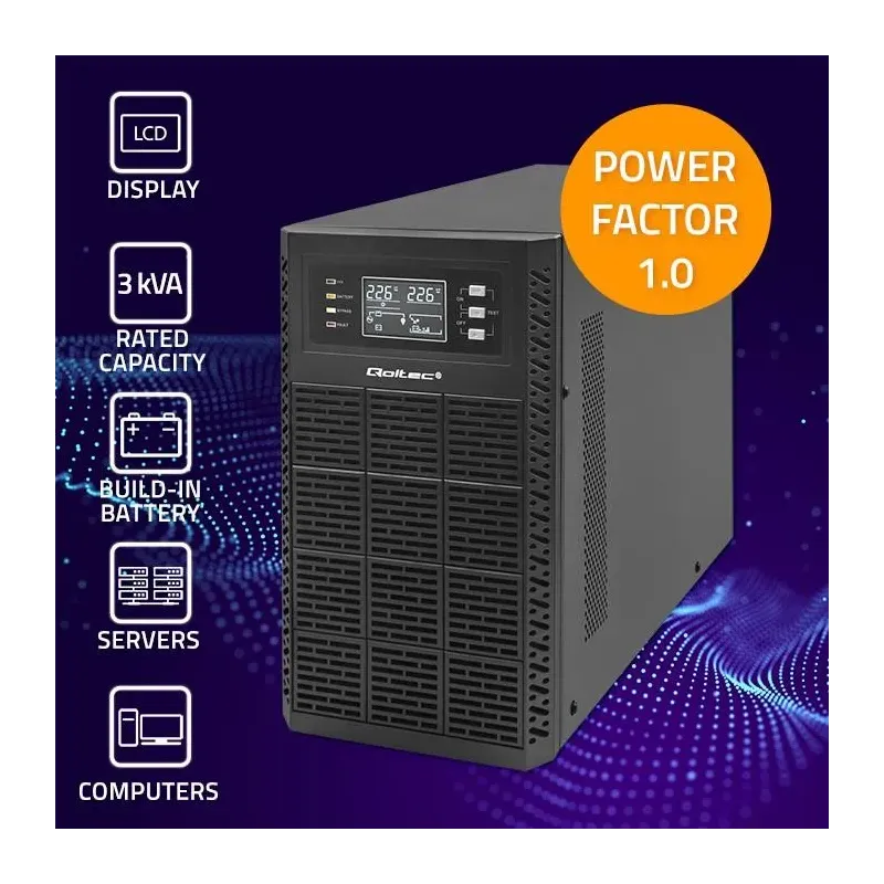 Zasilacz awaryjny UPS Qoltec 3kVA | 3000W | Power Factor 1.0 | LCD | EPO |
