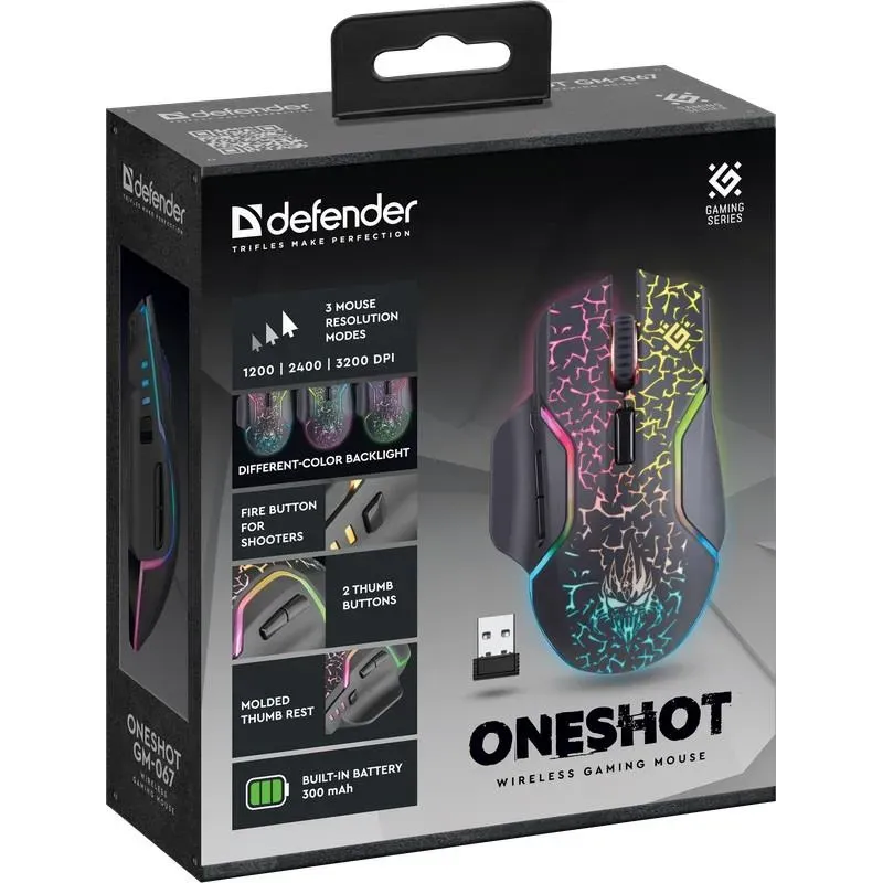 Mysz bezprzewodowa Defender ONESHOT GM-067 optyczna 3200dpi czarna RGB