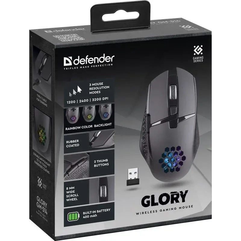 Mysz bezprzewodowa Defender GLORY GM-514 optyczna 3200dpi czarna RGB