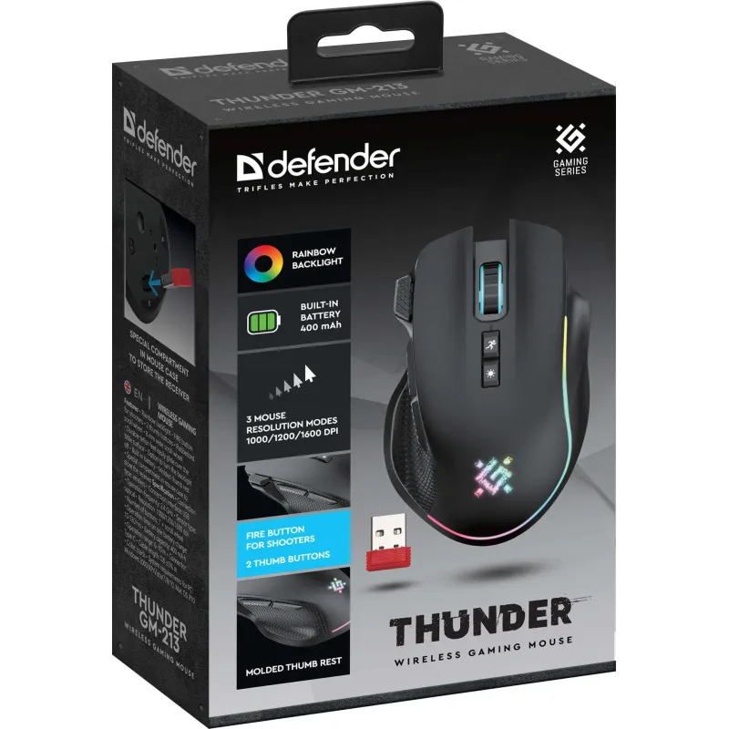 Mysz bezprzewodowa Defender THUNDER GM-213 optyczna 1600dpi czarna RGB