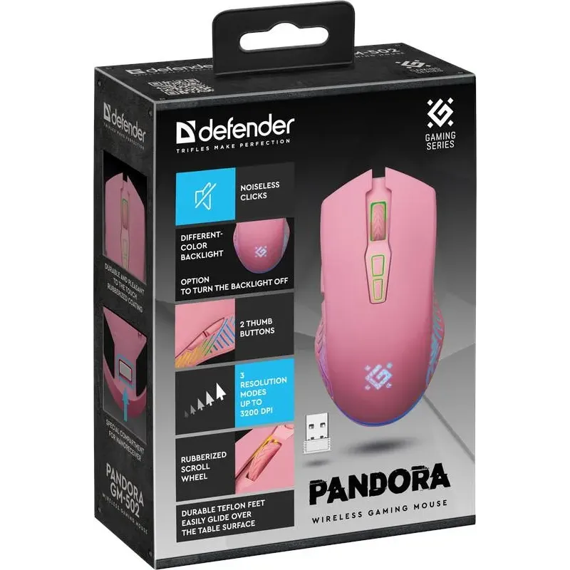 Mysz bezprzewodowa Defender PANDORA GM-502 optyczna 3200dpi różowa RGB
