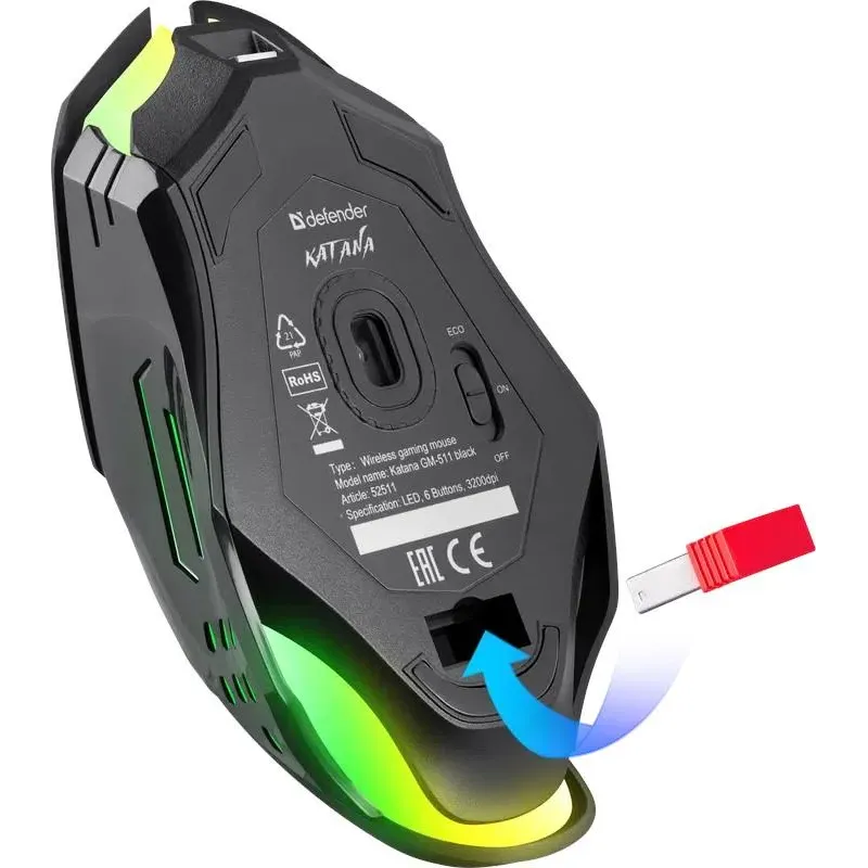 Mysz bezprzewodowa Defender KATANA GM-511 optyczna 3200dpi czarna RGB